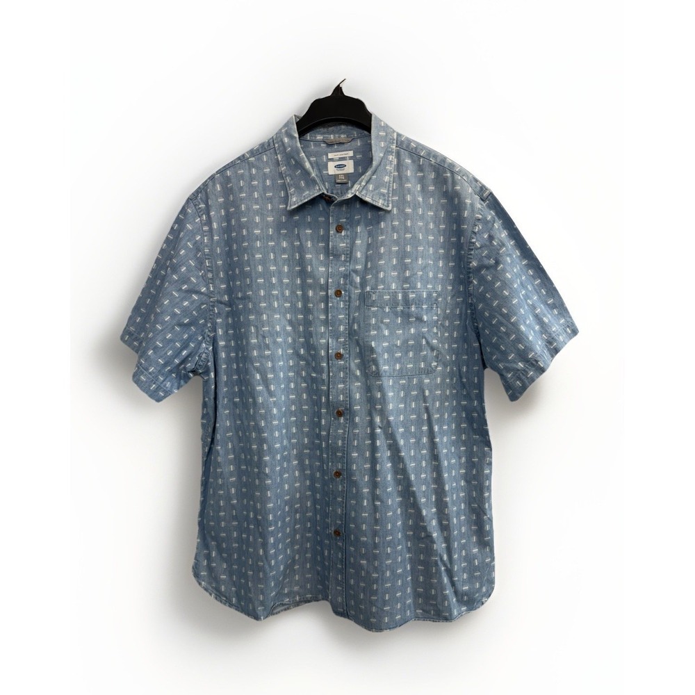 Old Navy Men's XXL Chambray Button Down Shirt Blue Slim Fit Short Sleeve Printed